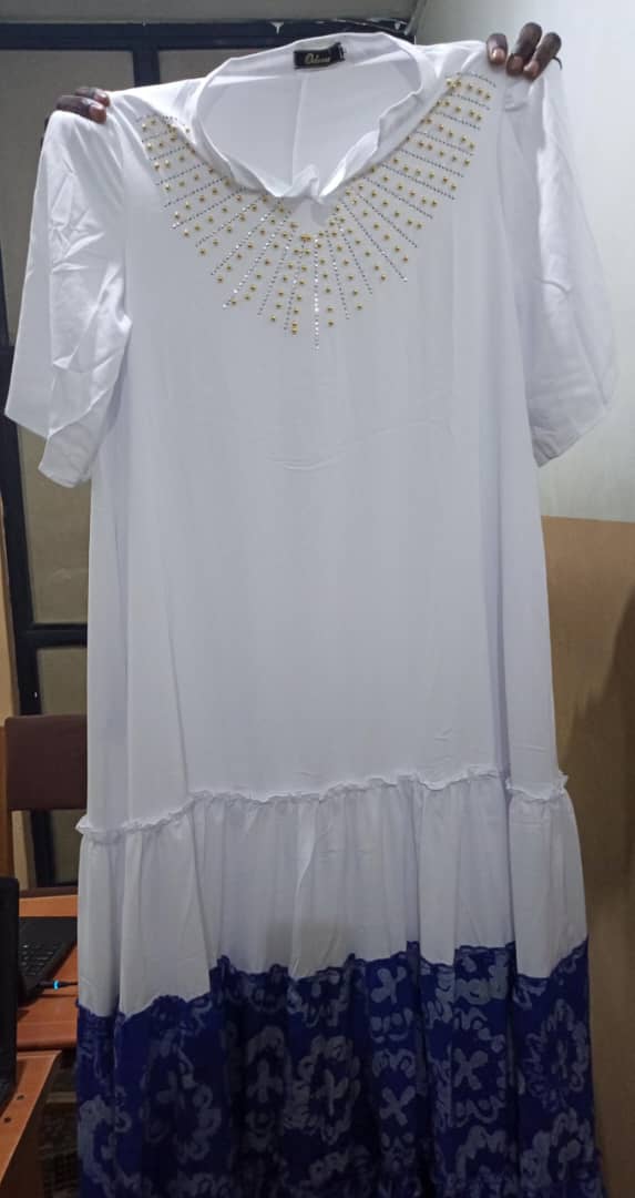 Beaded chiffon gown with adire gathers